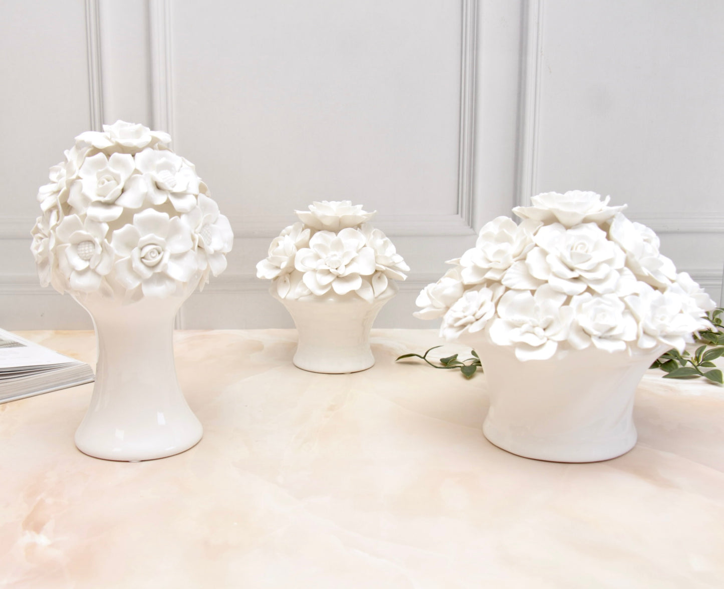 'Anastasia' White Roses Ceramic Bouquet | Vase | Centerpiece, Long
