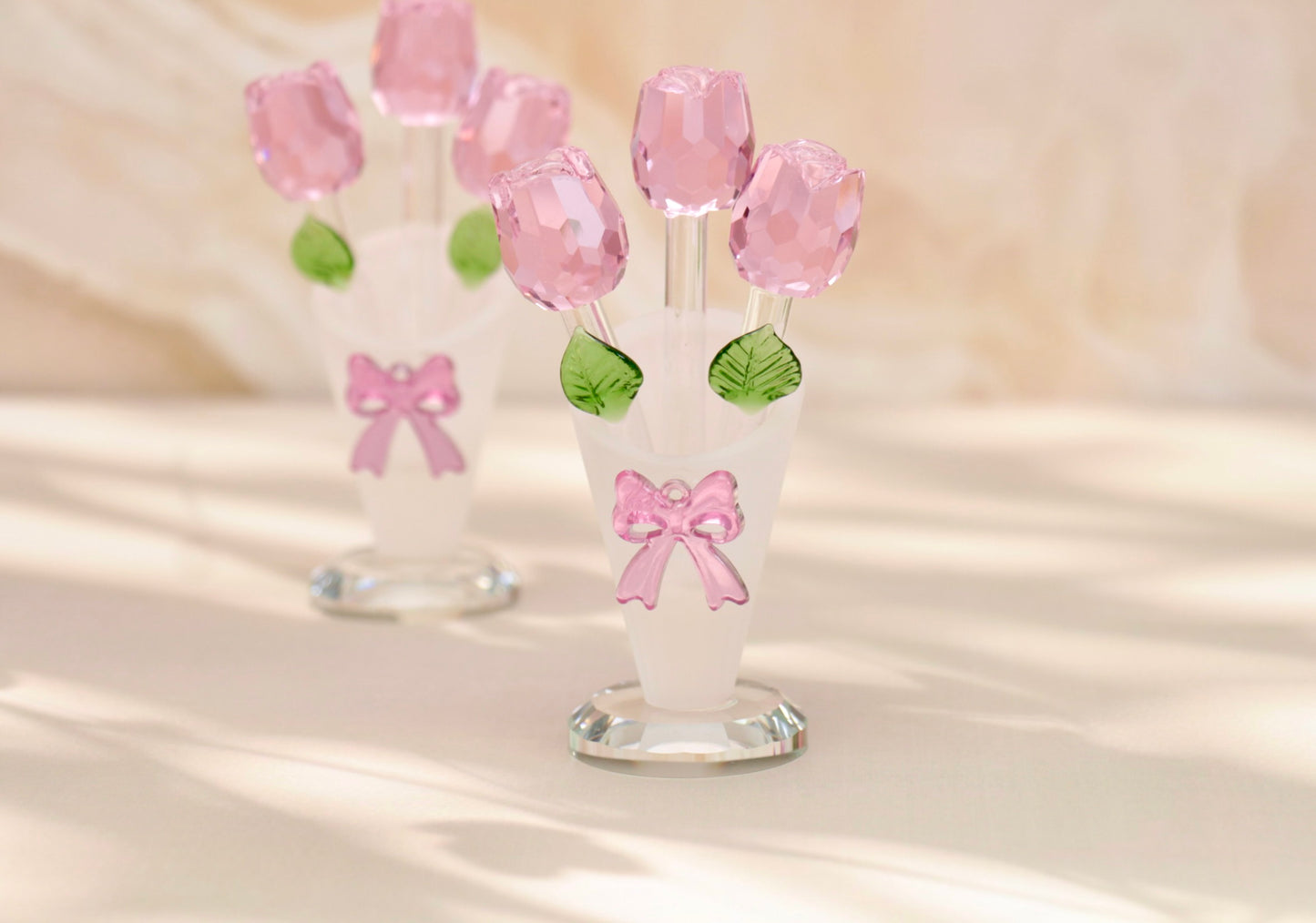 'Serenity' Glass Crystal Three Roses - Pink