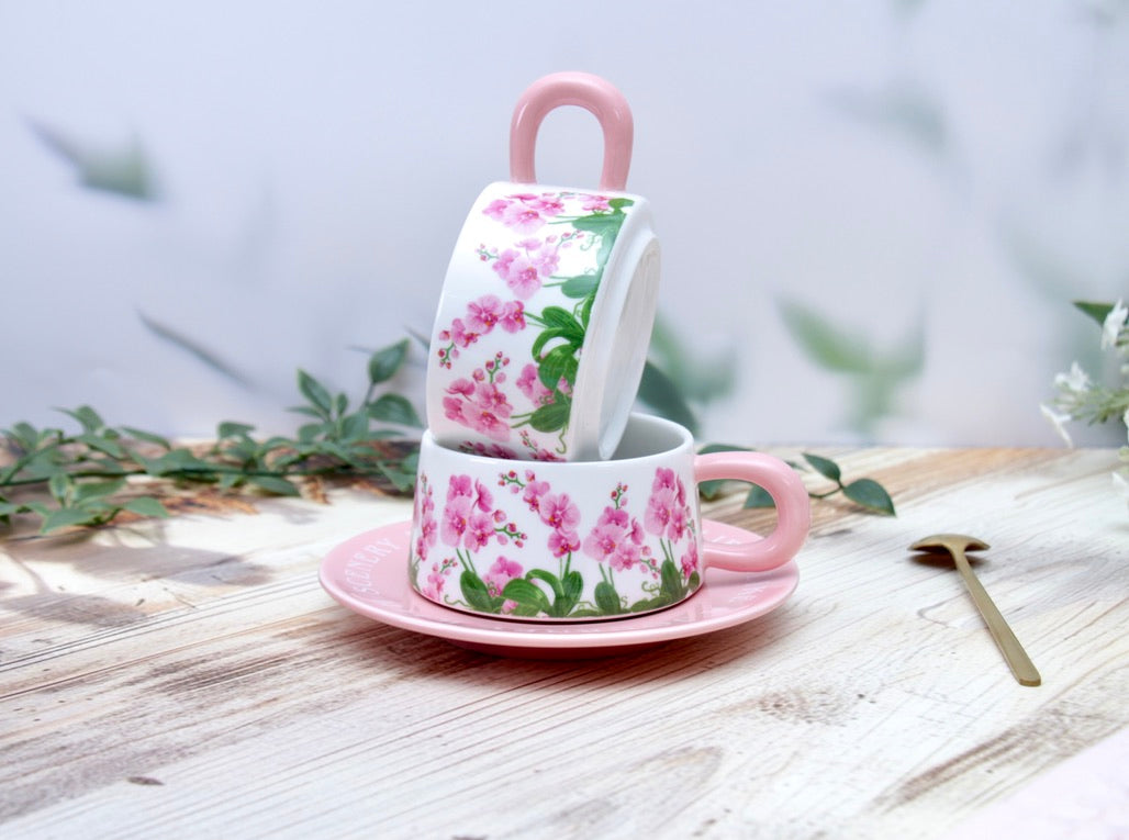 'Pink Meadows' Ceramic Cup & Saucer, Set Of 1