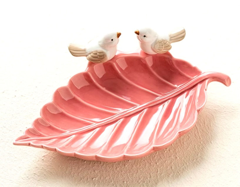 'Bird on a Leaf' Ceramic Dish - Pink 1