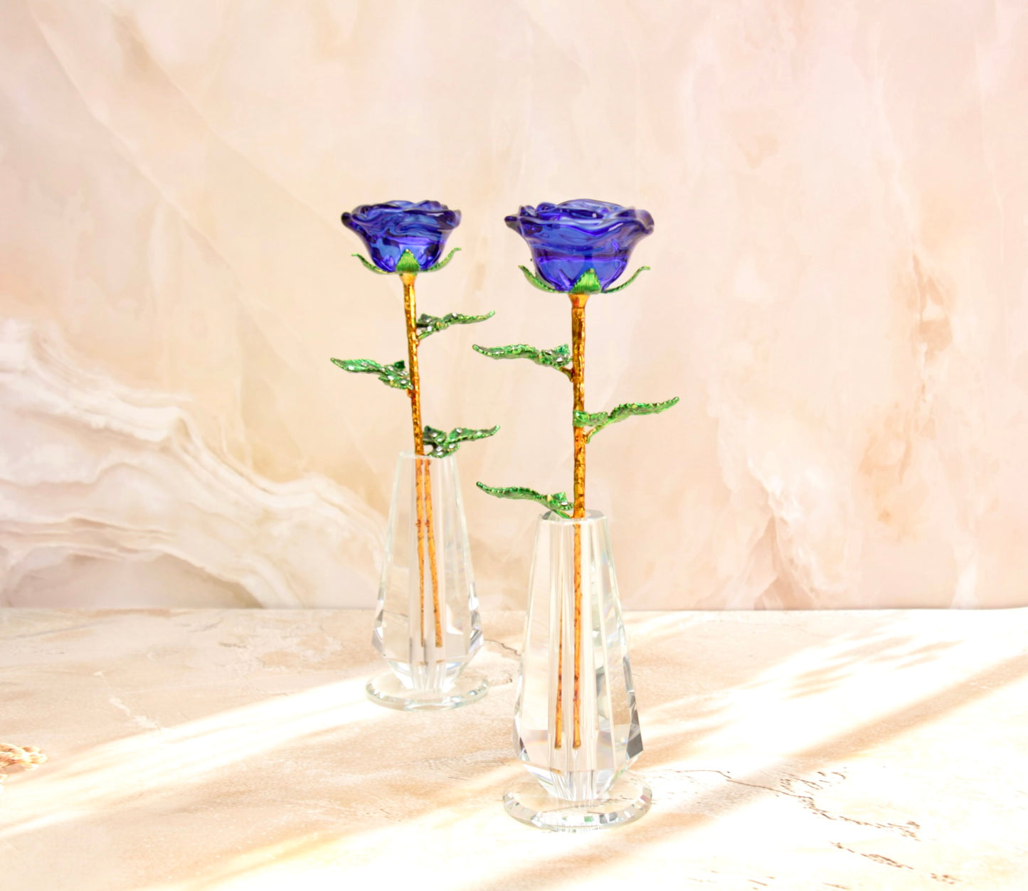 'Primrose' Glass Crystal Rose w Vase - Blue