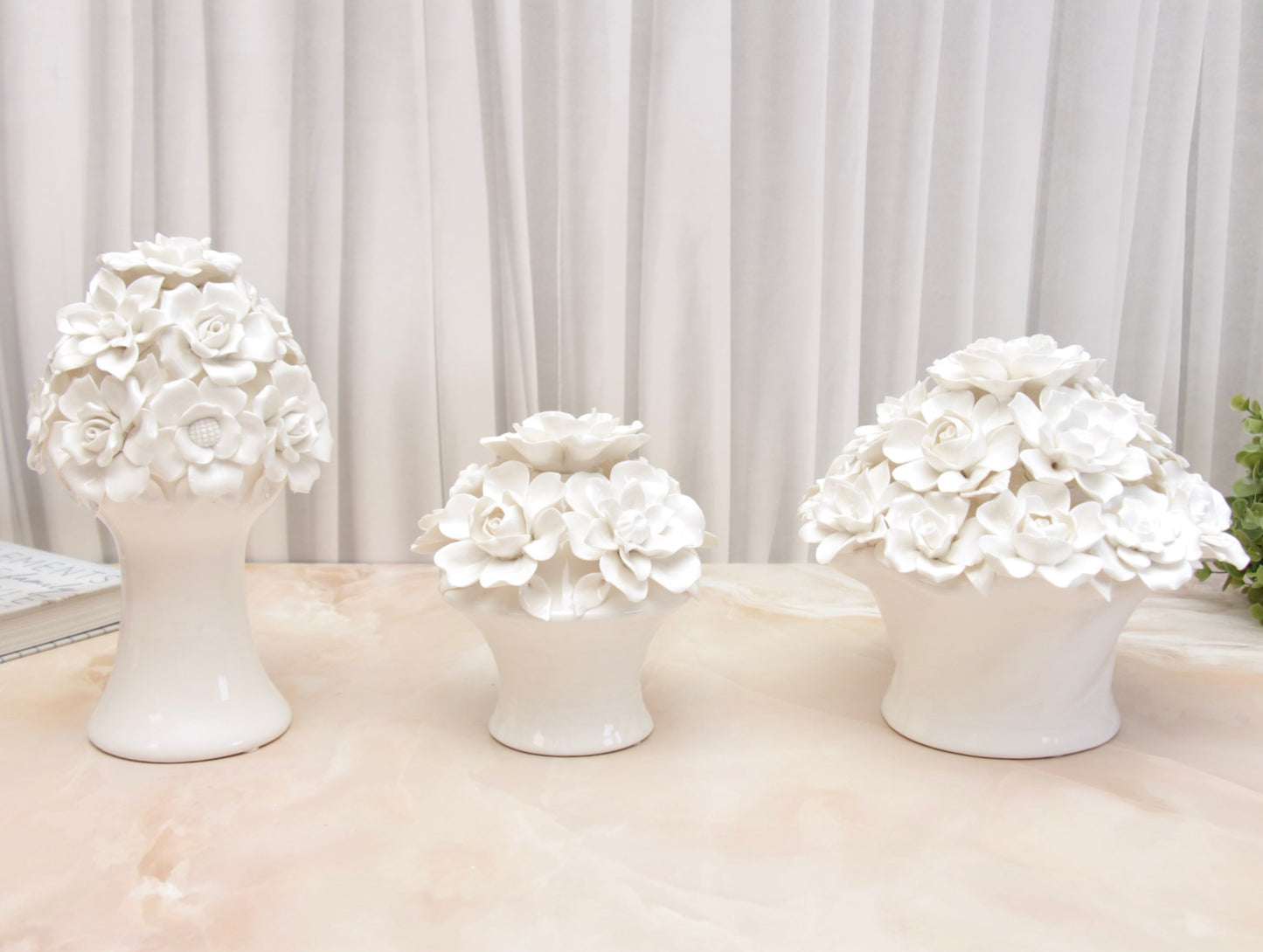 'Anastasia' White Roses Ceramic Bouquet | Vase | Centerpiece, Long