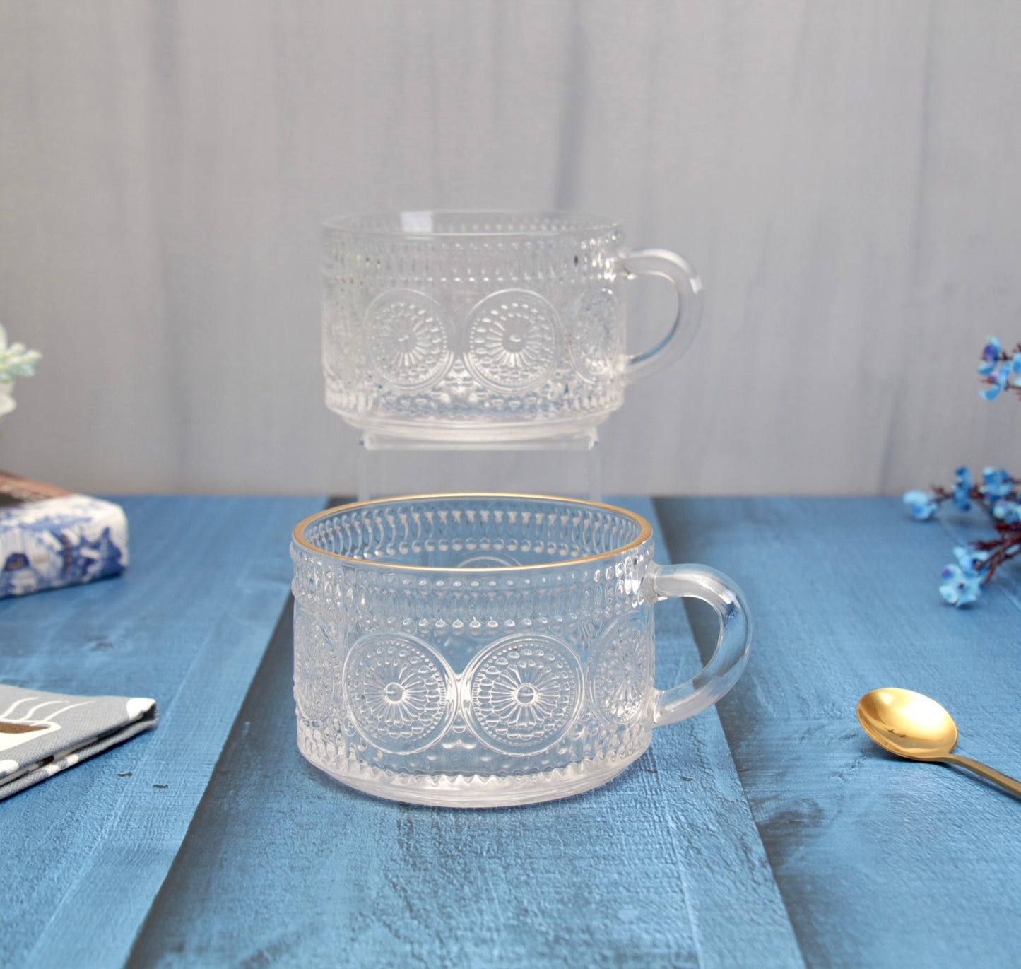 'Capri' Glass Cups - Set of 2, Gold Rim