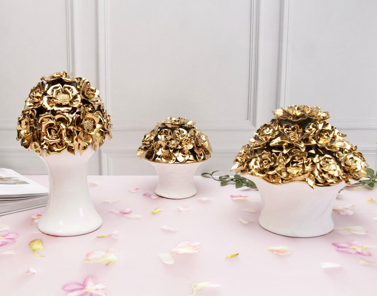 'Anastasia' Golden Roses Ceramic Bouquet | Vase | Centrepiece, Large