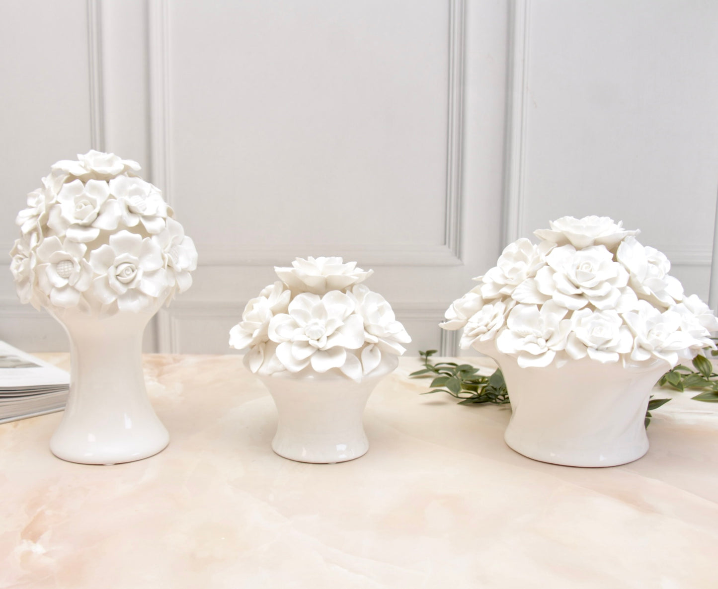 'Anastasia' Ceramic White Roses Bouquet | Centerpiece, Large