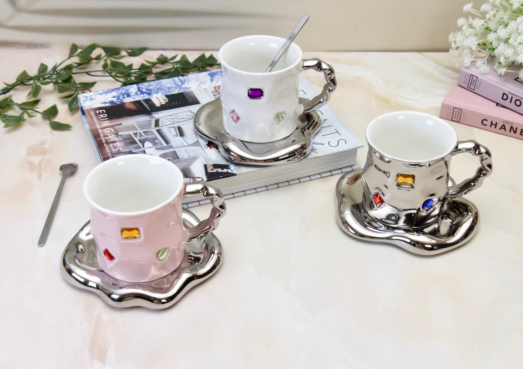 'Crystal' Ceramic Bejewelled Cup n Saucer Set - Black