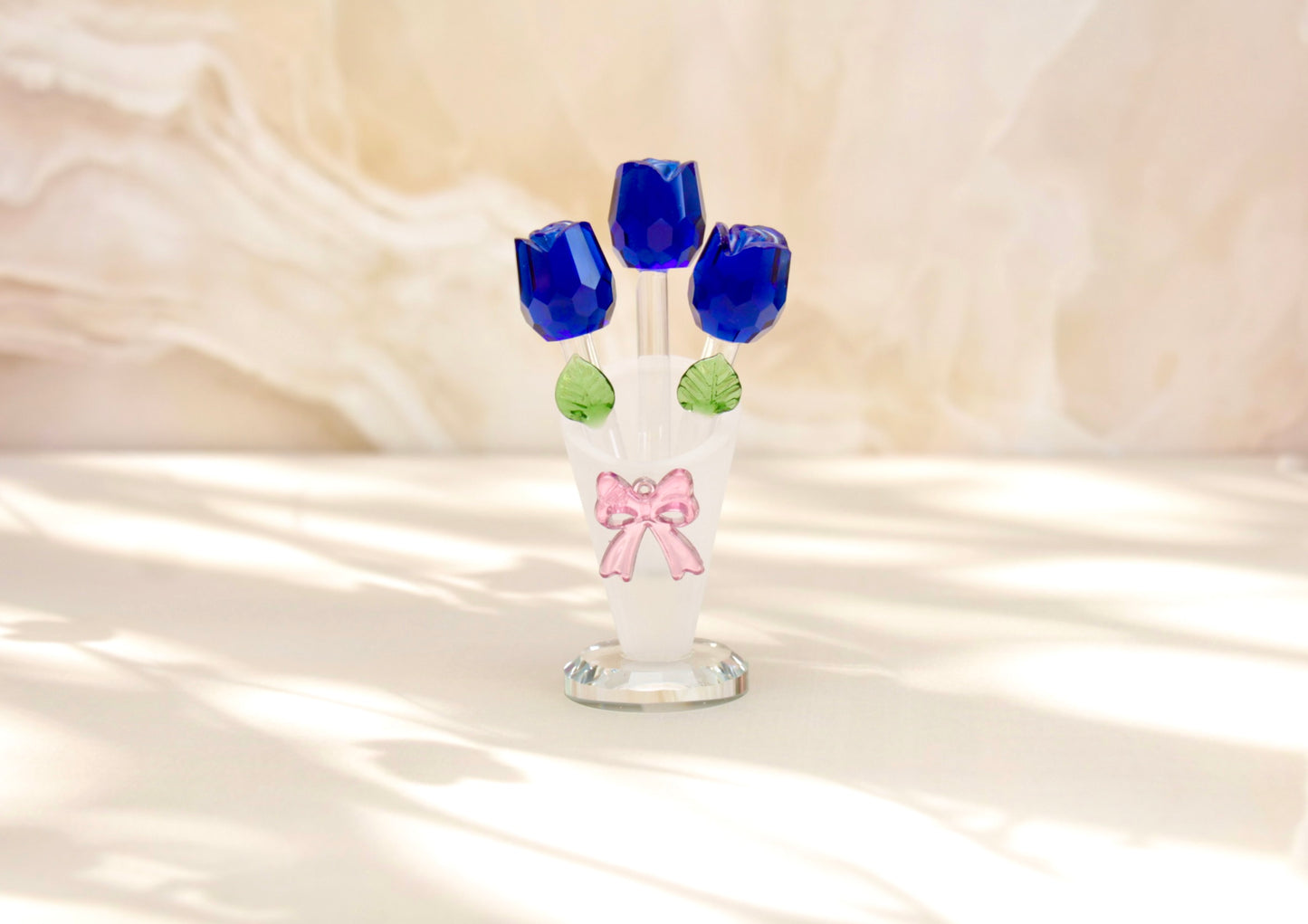 'Serenity' Crystal Glass Three Roses - Blue