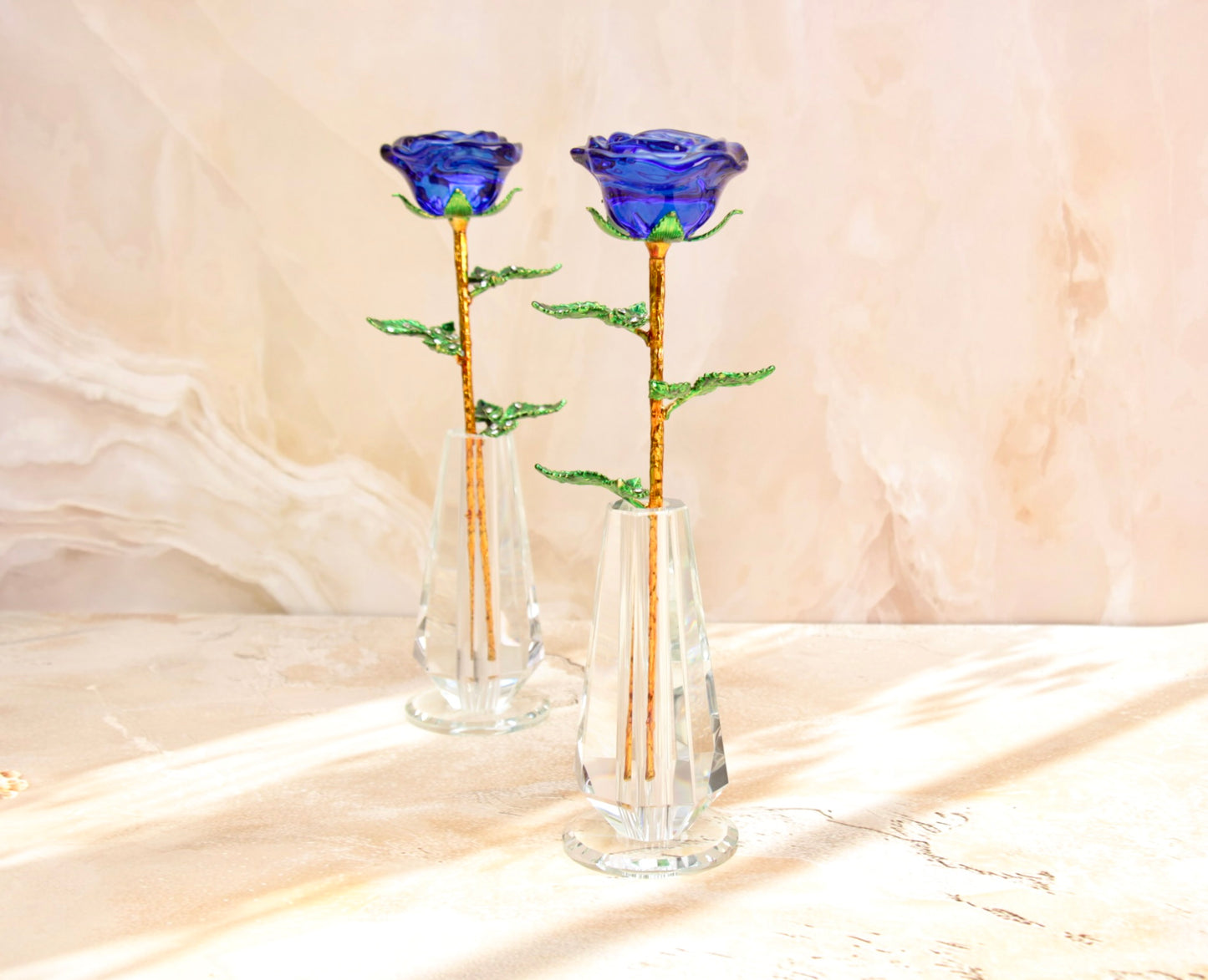 'Primrose' Glass Crystal Rose w Vase - Blue