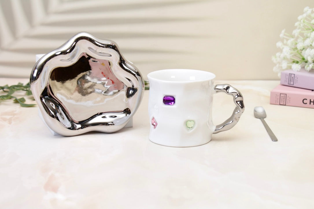'Crystal' Ceramic Bejewelled Cup n Saucer Set - White