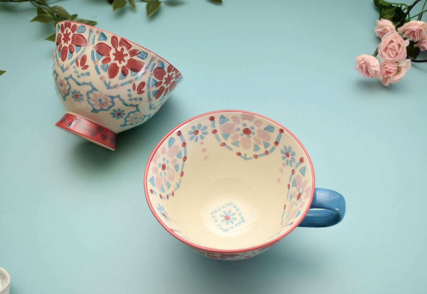'Boho' Ceramic Big Coffee Mug Red & Blue
