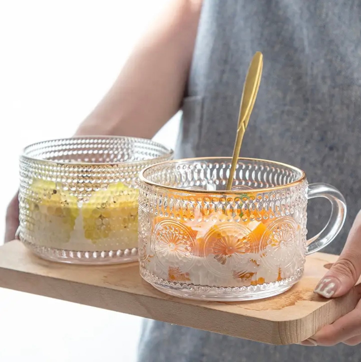 'Coral' Glass Cups - Set of 2, Gold Rim