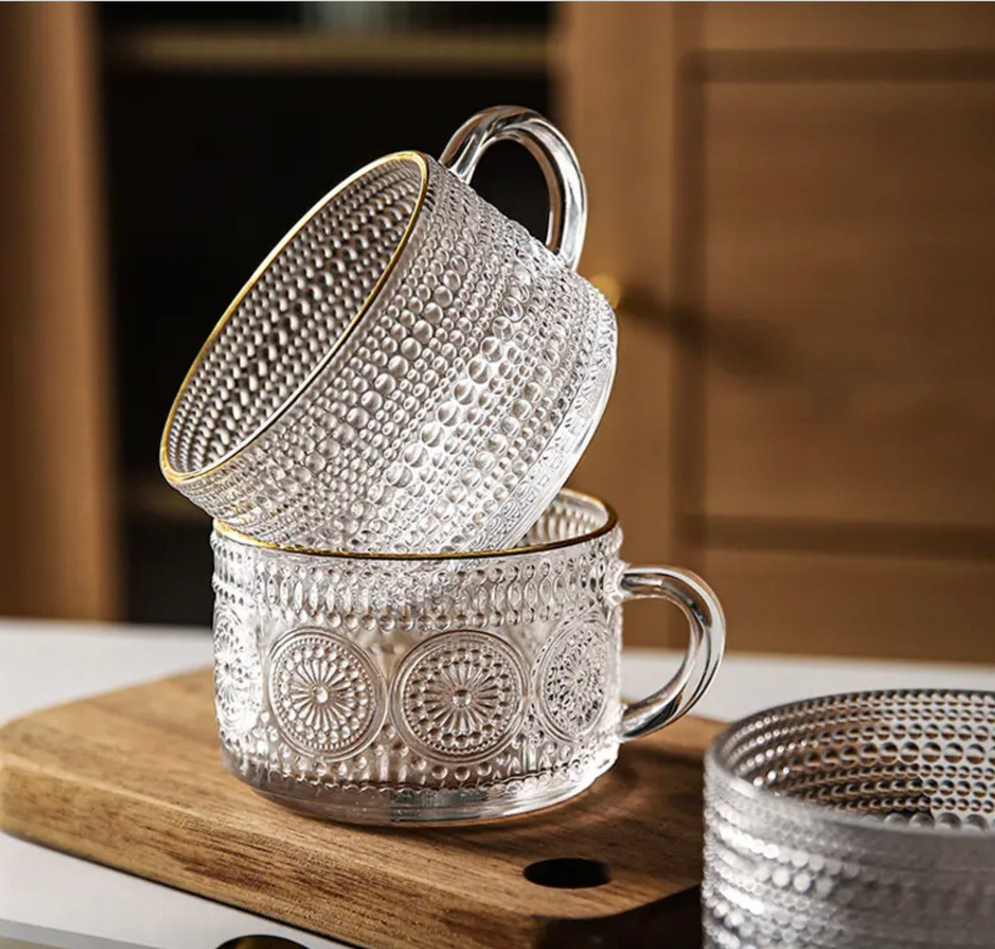 'Coral' Glass Cups - Set of 2, Gold Rim