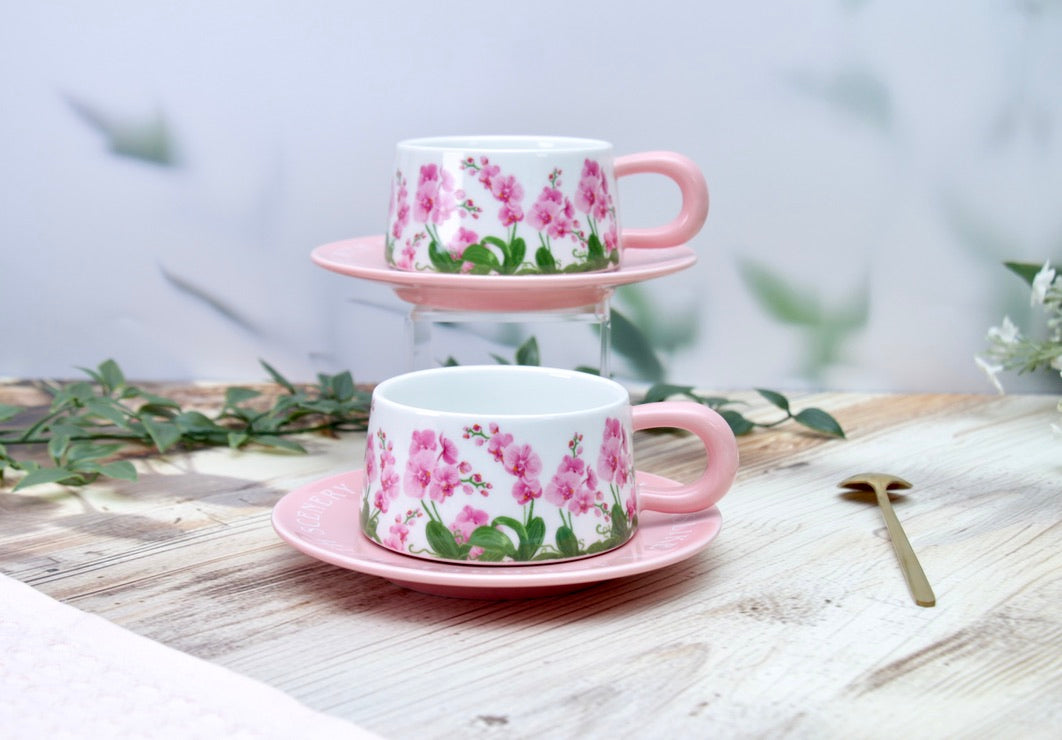 'Pink Meadows' Ceramic Cup & Saucer, Set Of 1