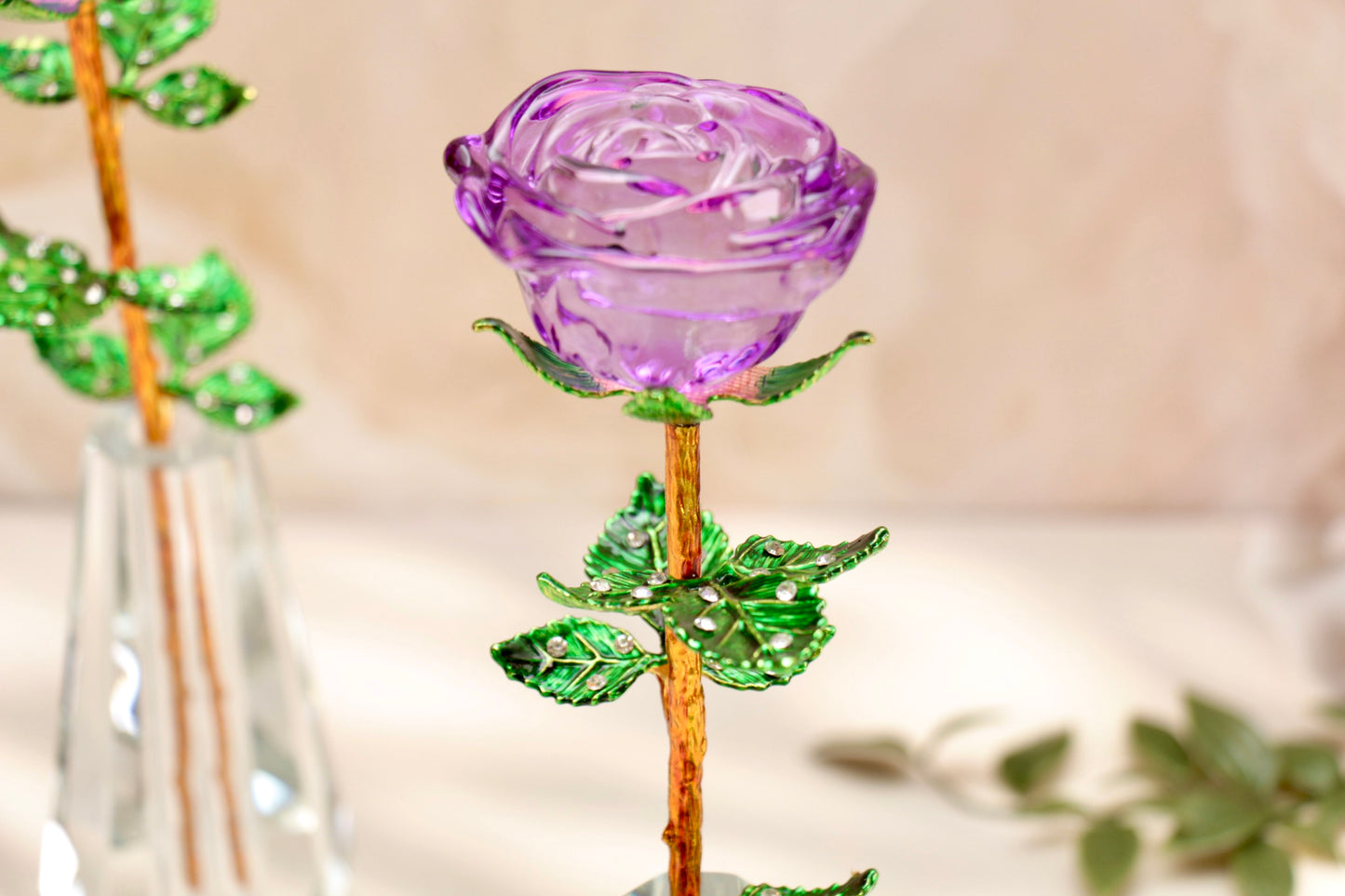 'Primrose' Crystal Rose w Vase - Purple