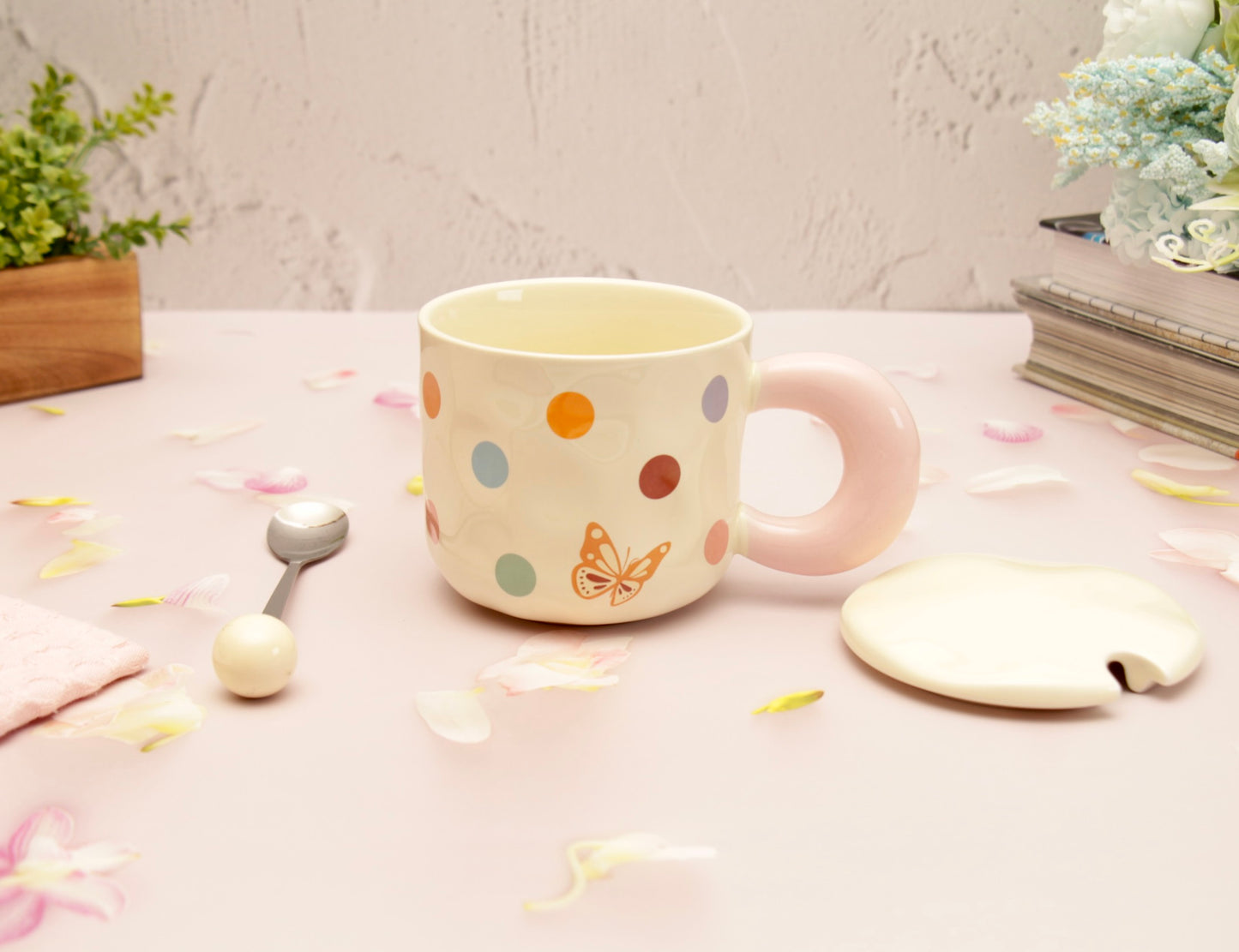 'Polka Dots' Ceramic Coffee Mugs - Beige