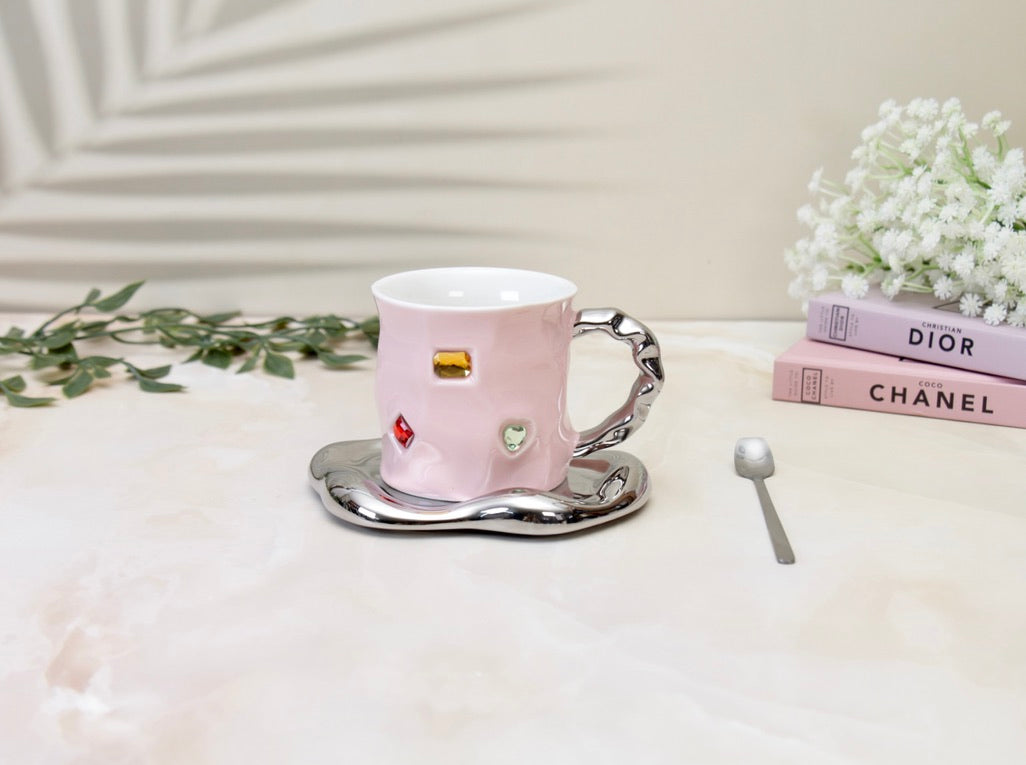 'Crystal' Ceramic Bejewelled Cup n saucer Set - Pink