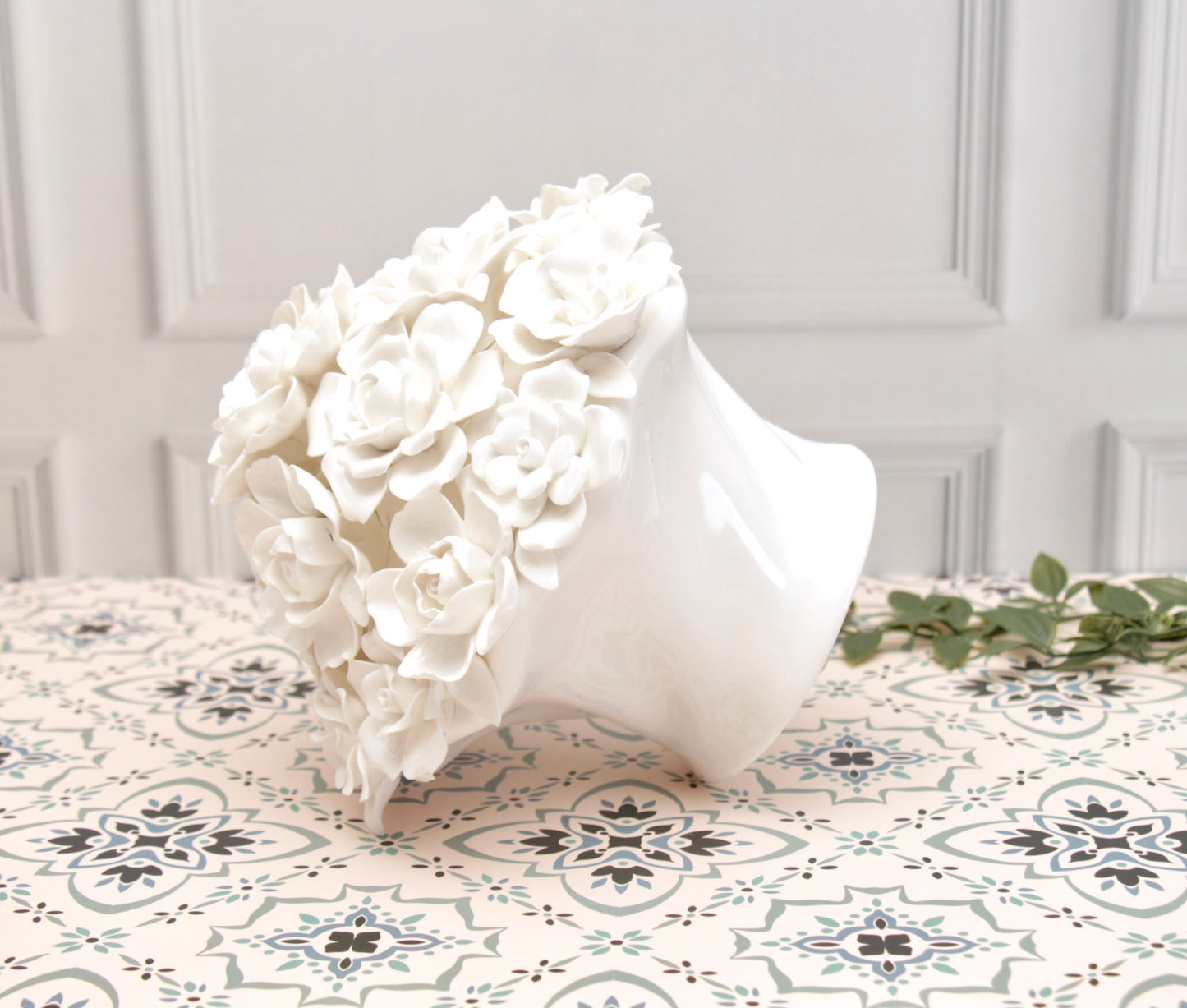 'Anastasia' Ceramic White Roses Bouquet | Centerpiece, Large