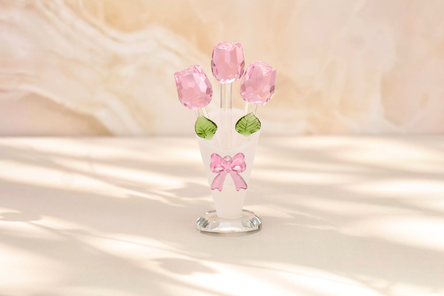 'Serenity' Glass Crystal Three Roses - Pink