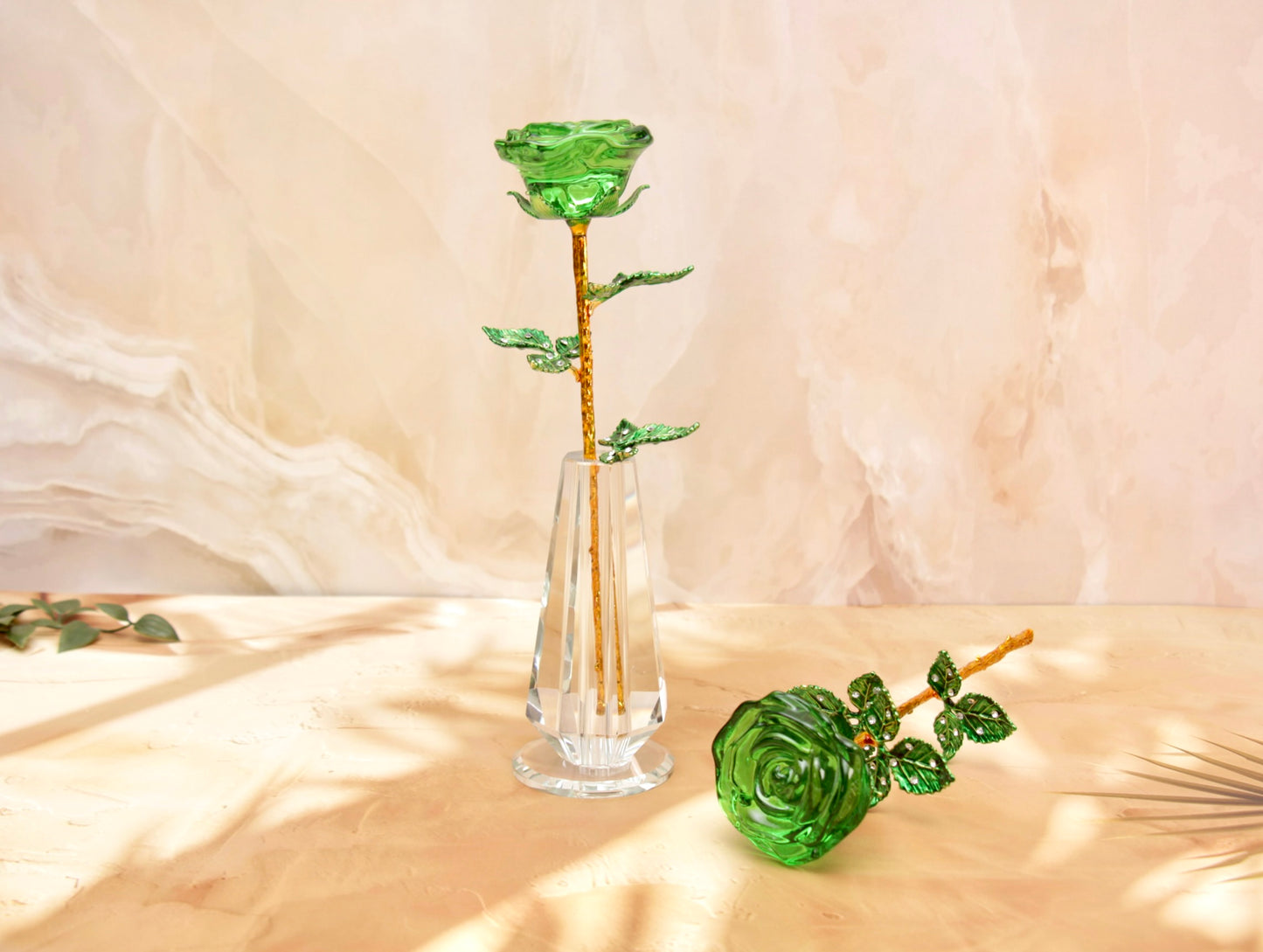 'Primrose' Crystal Rose w Glass Vase - Green
