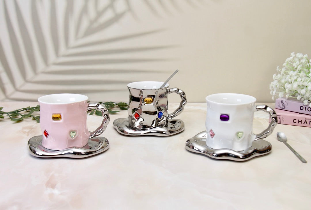 'Crystal' Ceramic Bejewelled Cup n Saucer Set - White