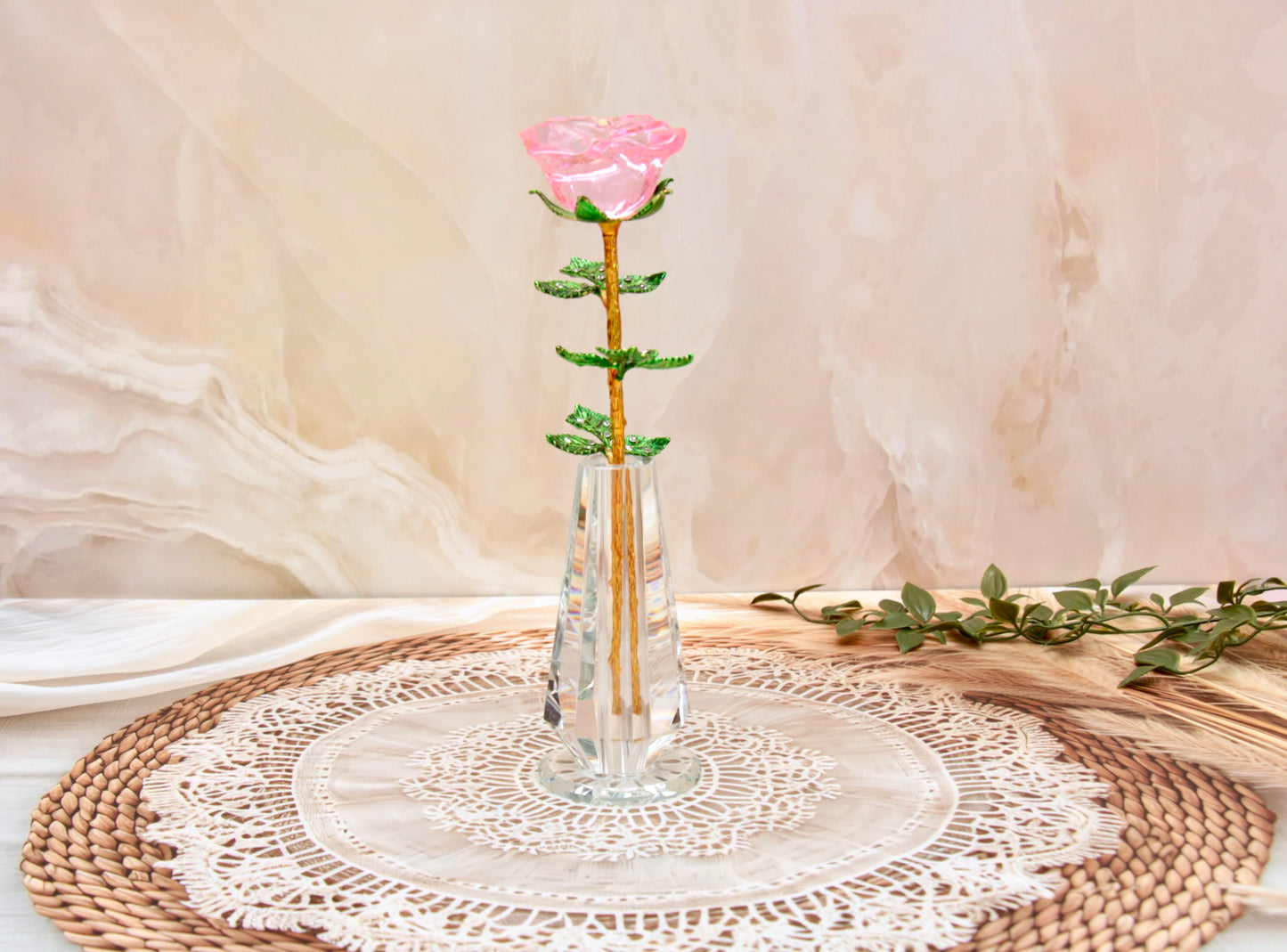 'Primrose' Crystal Rose w Vase - Pink