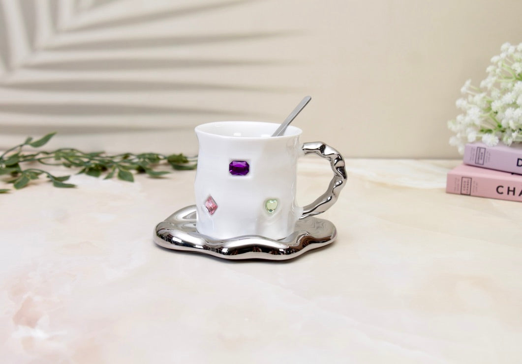 'Crystal' Ceramic Bejewelled Cup n Saucer Set - White
