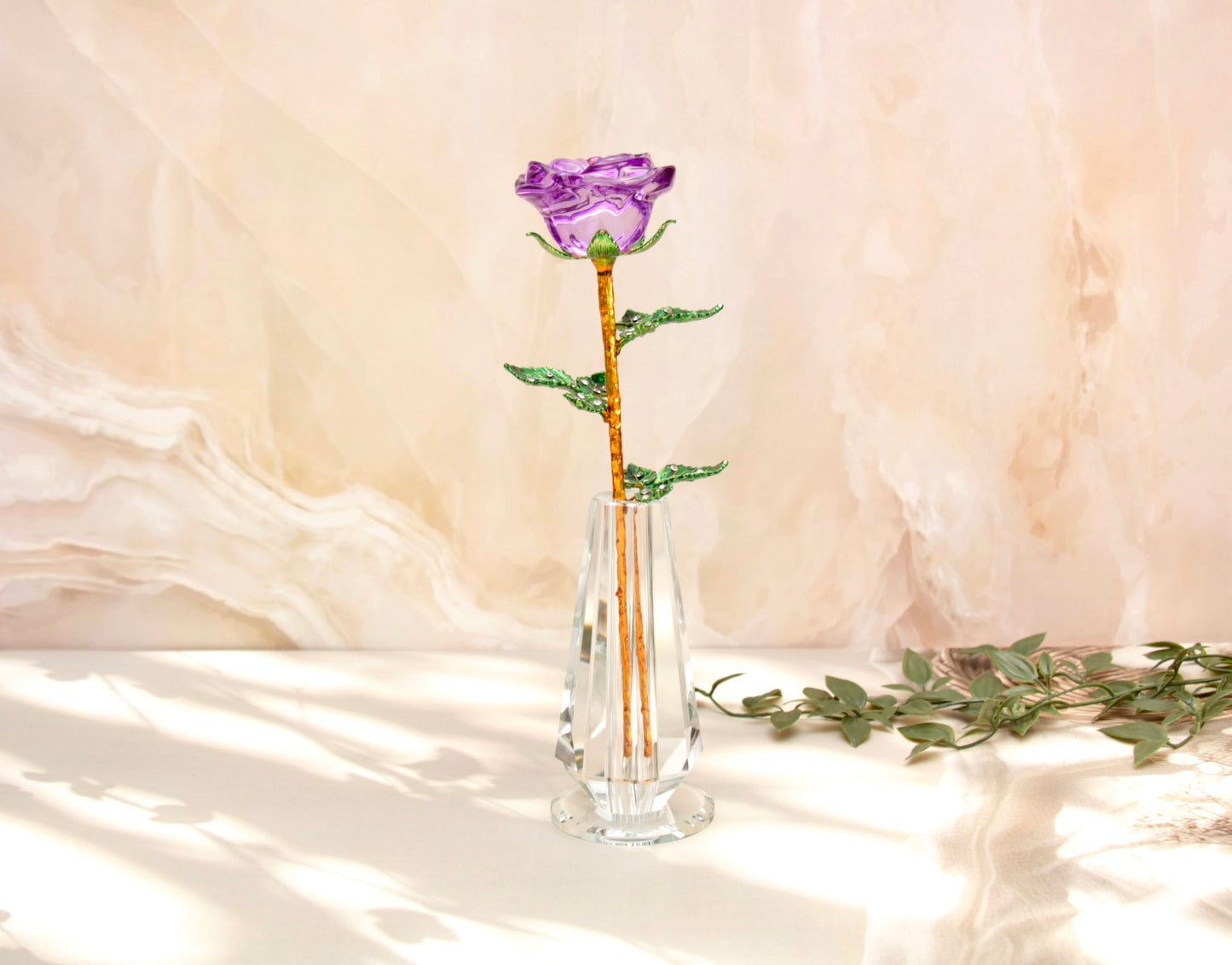 'Primrose' Crystal Rose w Vase - Purple