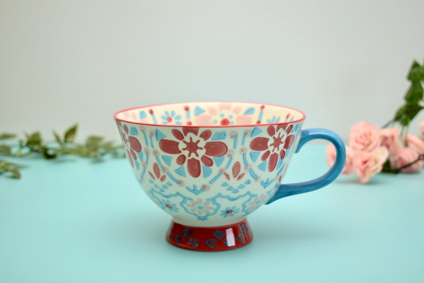 'Boho' Ceramic Big Coffee Mug Red & Blue