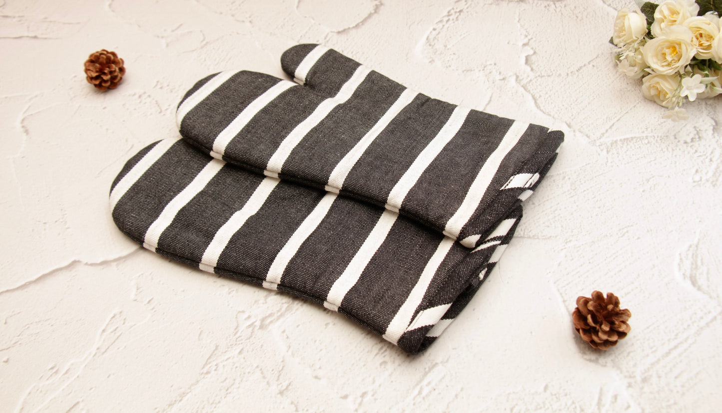 'Black Striped' Oven Mittens Set of 2