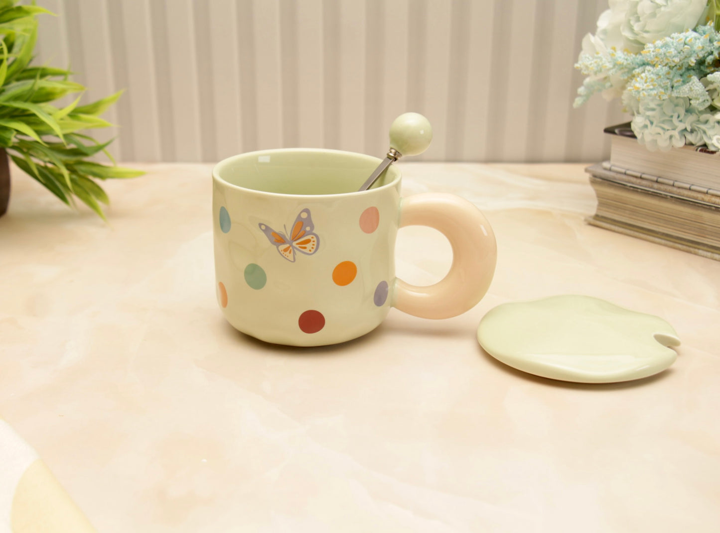 'Polka Dots' Ceramic Coffee Mugs - Green