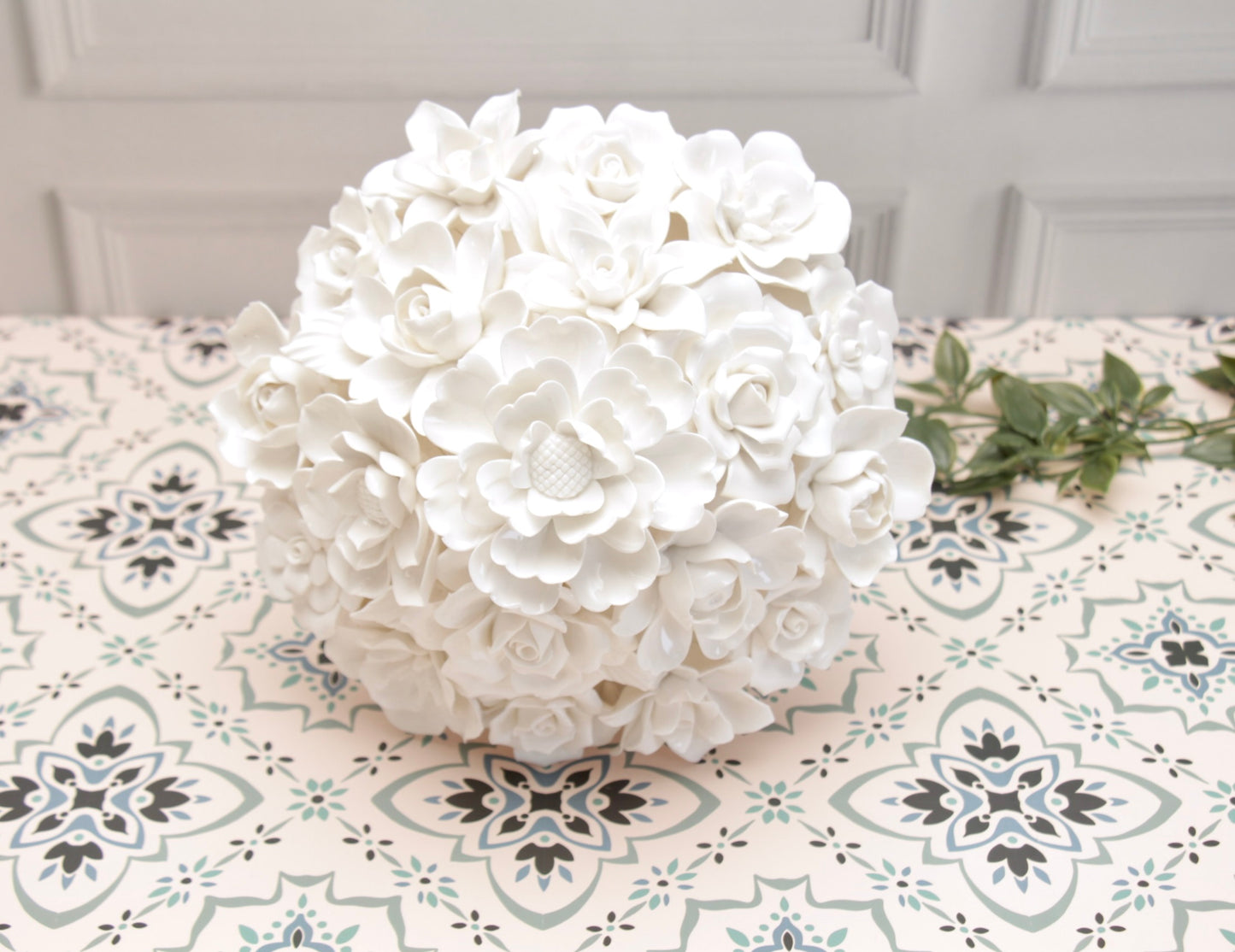 'Anastasia' Ceramic White Roses Bouquet | Centerpiece, Large
