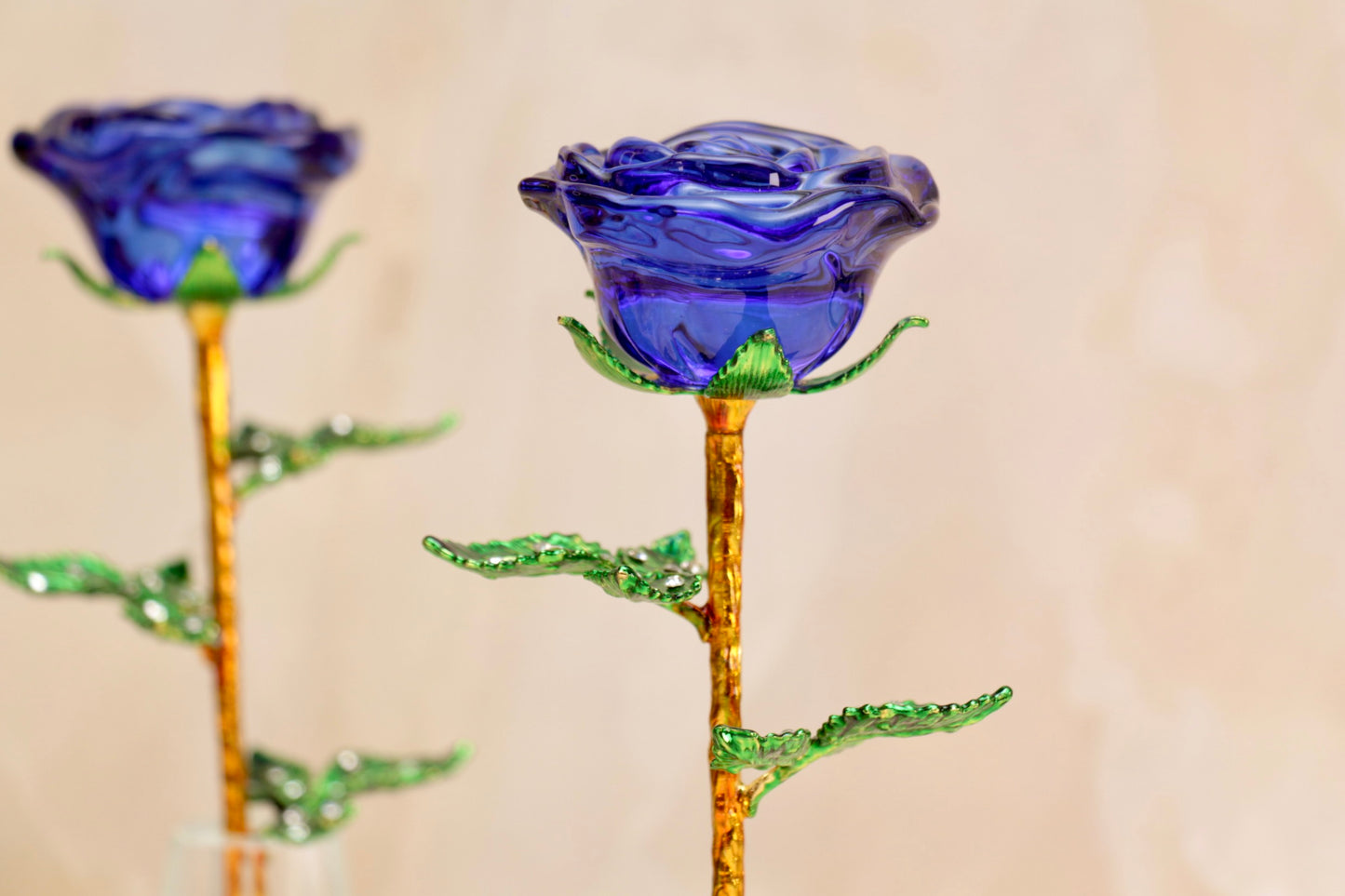 'Primrose' Glass Crystal Rose w Vase - Blue