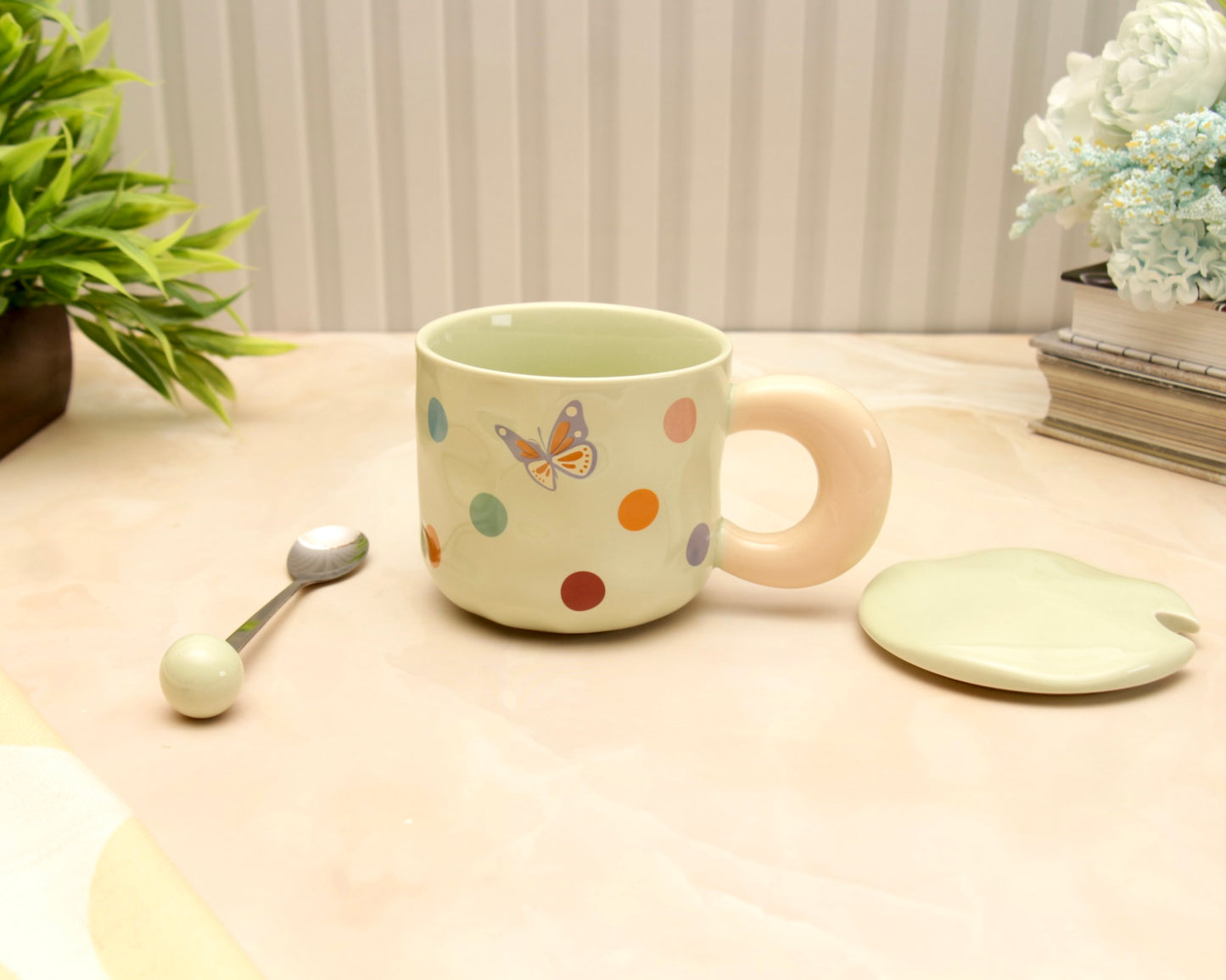 'Polka Dots' Ceramic Coffee Mugs - Green
