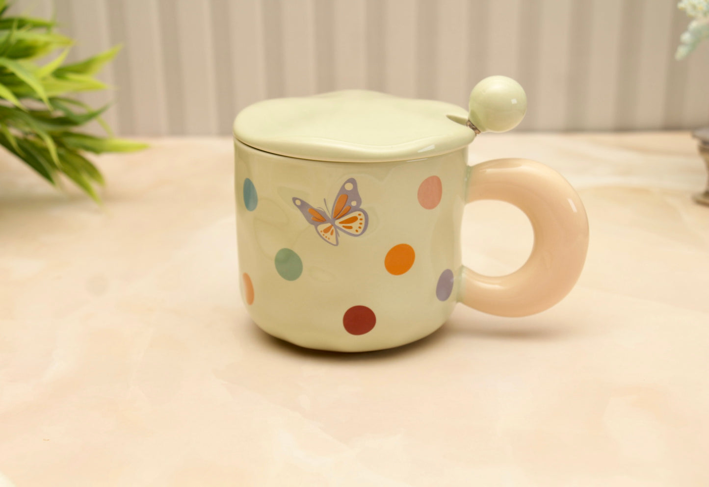 'Polka Dots' Ceramic Coffee Mugs - Green