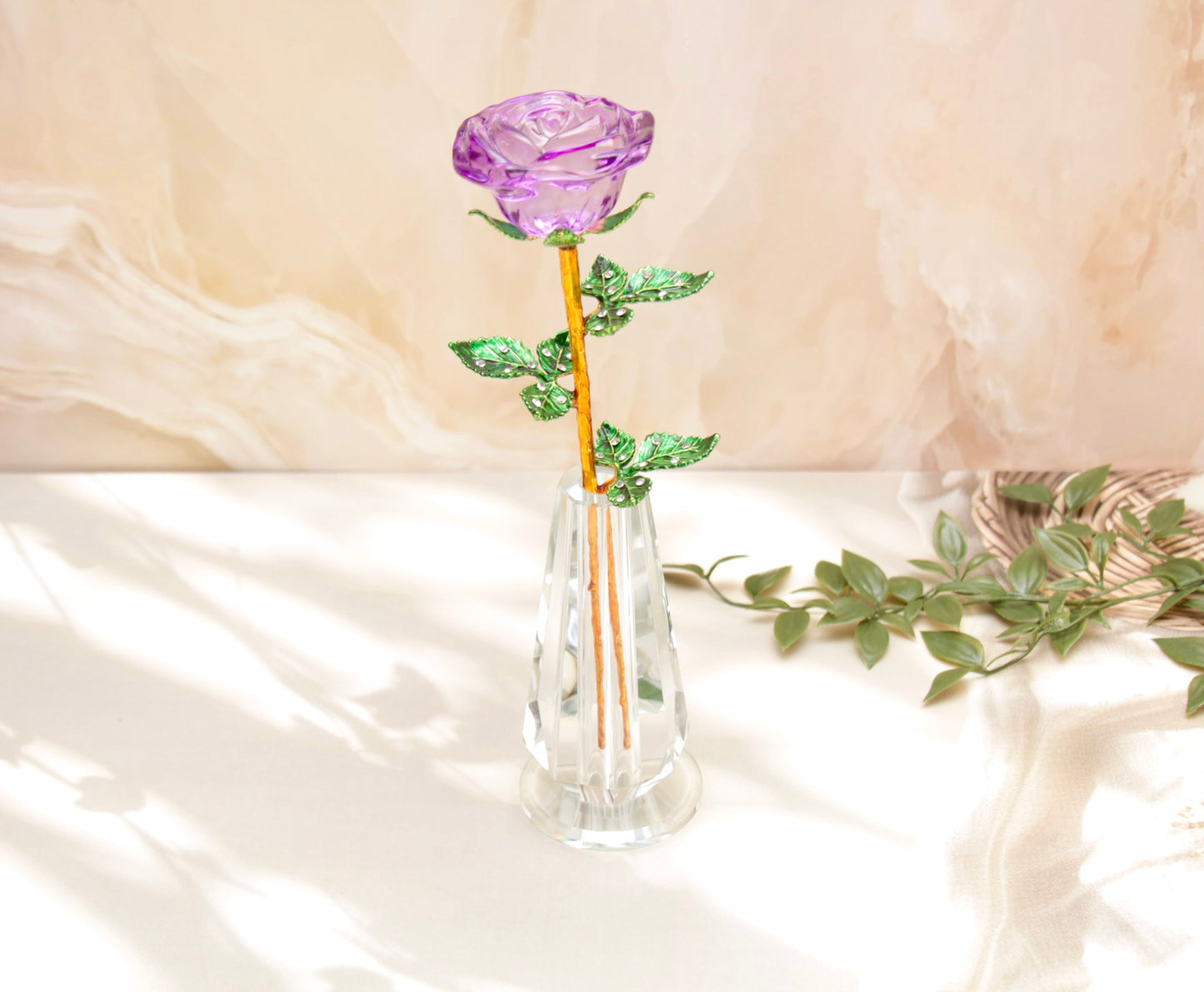 'Primrose' Crystal Rose w Vase - Purple