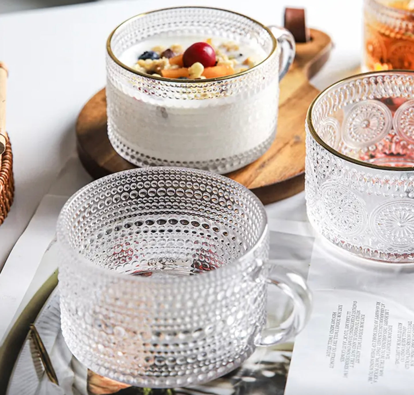 'Coral' Glass Cups - Set of 2, Gold Rim