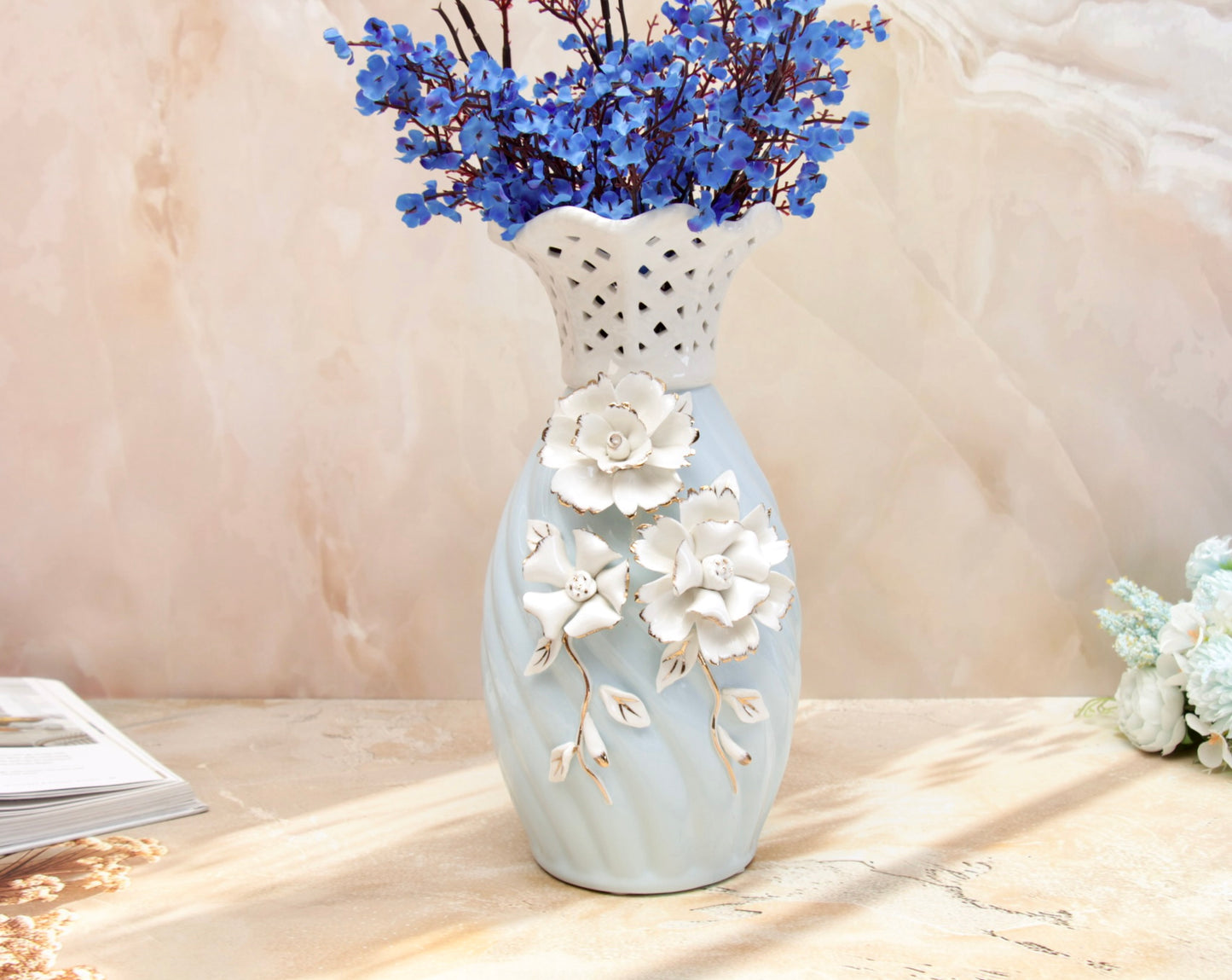 'Grace' Blue Ceramic Floral Vase, Large