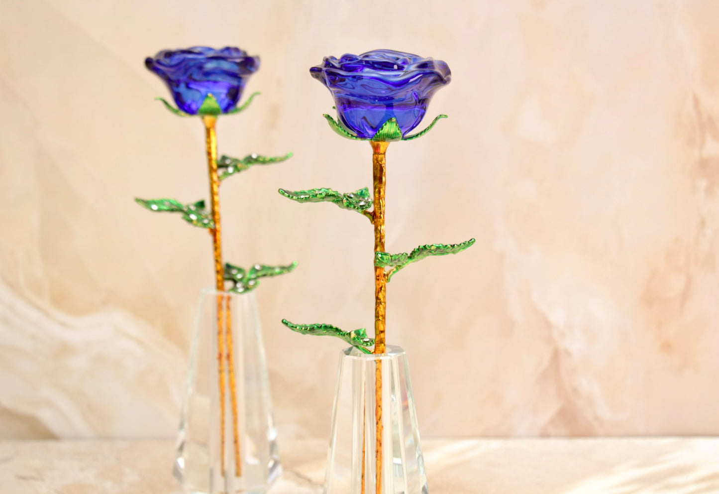 'Primrose' Glass Crystal Rose w Vase - Blue