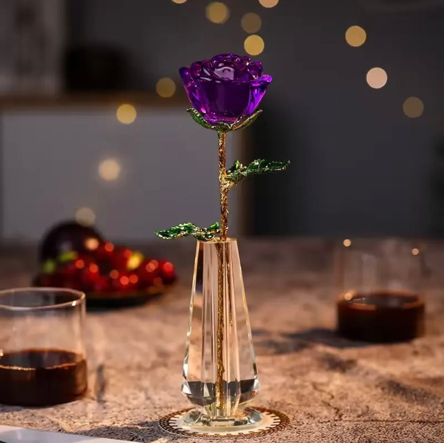 'Primrose' Crystal Rose w Vase - Purple