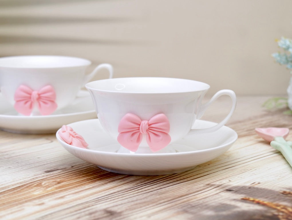'Bow' Ceramic Cup n Saucer, White