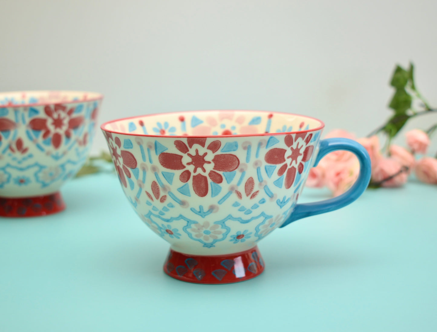 'Boho' Ceramic Big Coffee Mug Red & Blue