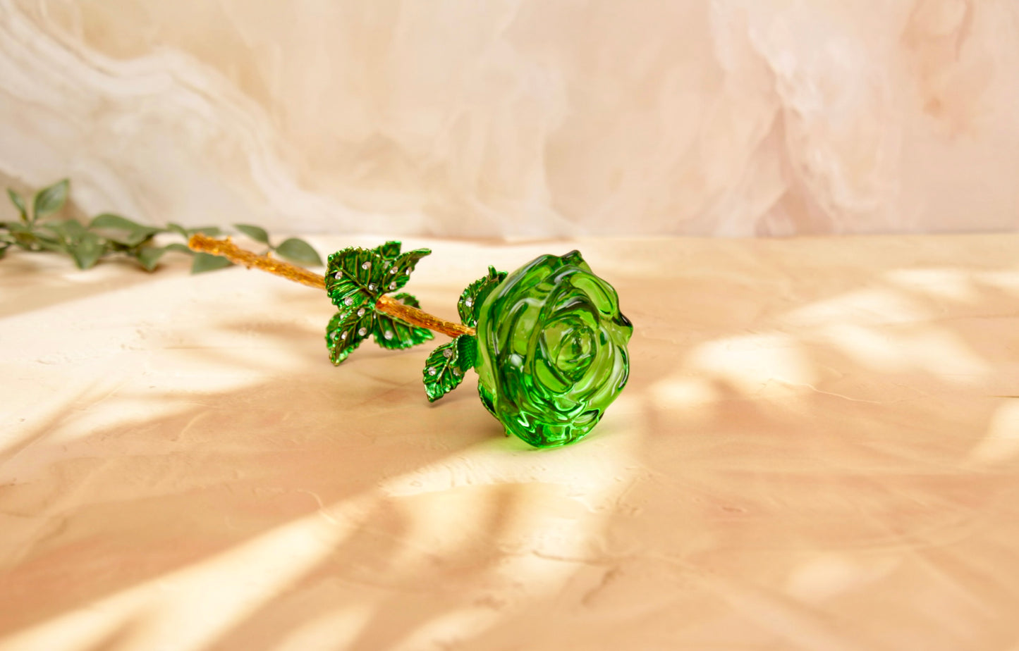 'Primrose' Crystal Rose w Glass Vase - Green