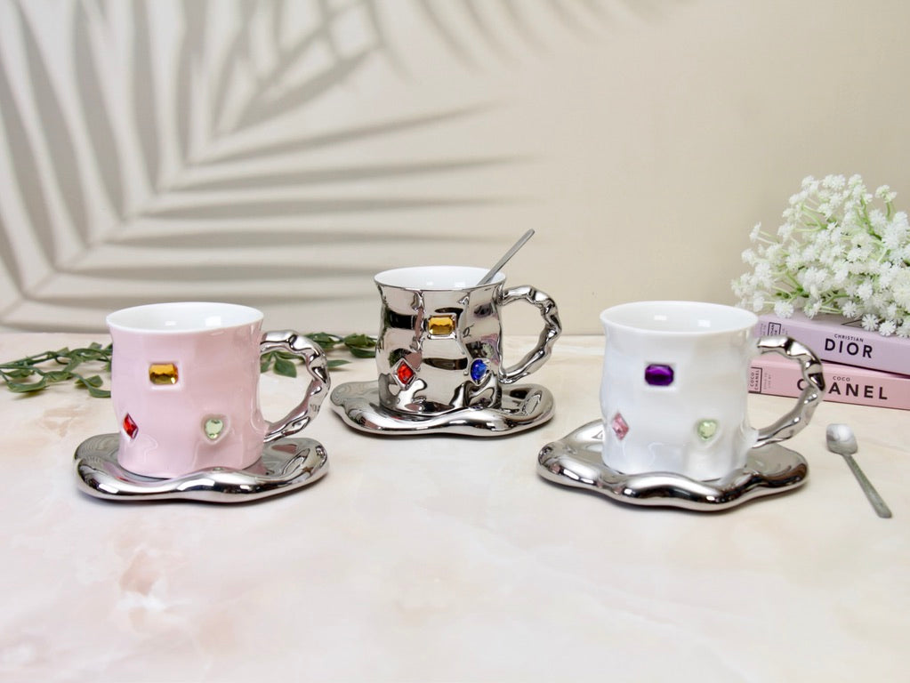 'Crystal' Ceramic Bejewelled Cup n Saucer Set - Black