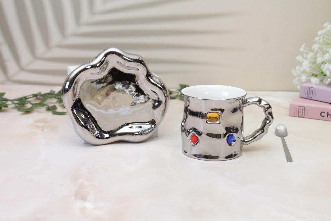 'Crystal' Ceramic Bejewelled Cup n Saucer Set - Black