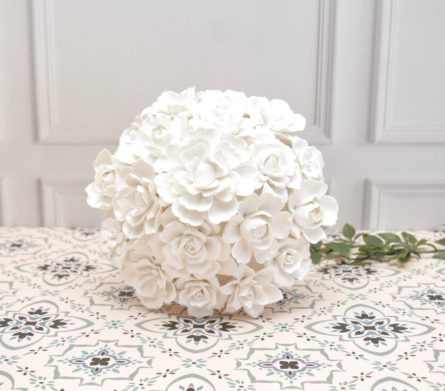 'Anastasia' Ceramic White Roses Bouquet | Centerpiece, Large