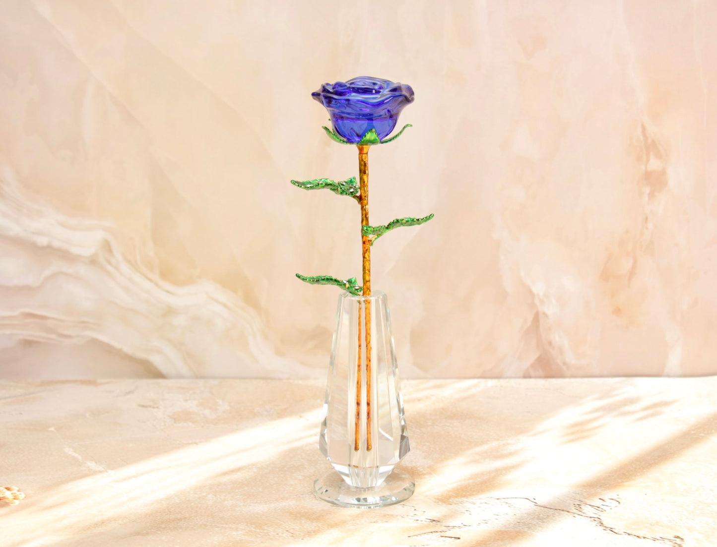 'Primrose' Glass Crystal Rose w Vase - Blue