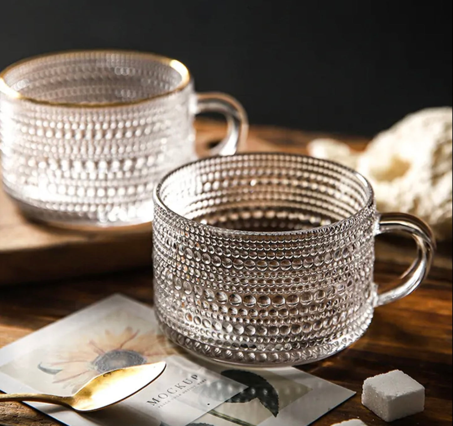 'Coral' Glass Cups - Set of 2, Transparent Rim