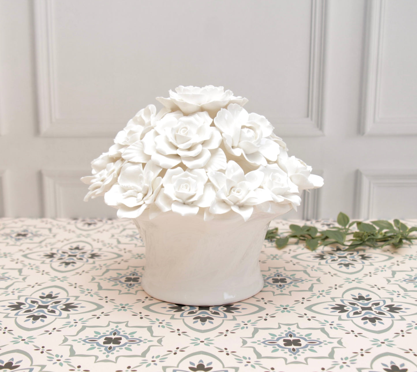 'Anastasia' Ceramic White Roses Bouquet | Centerpiece, Large
