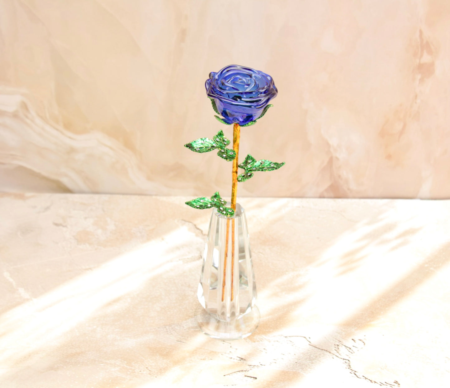 'Primrose' Glass Crystal Rose w Vase - Blue