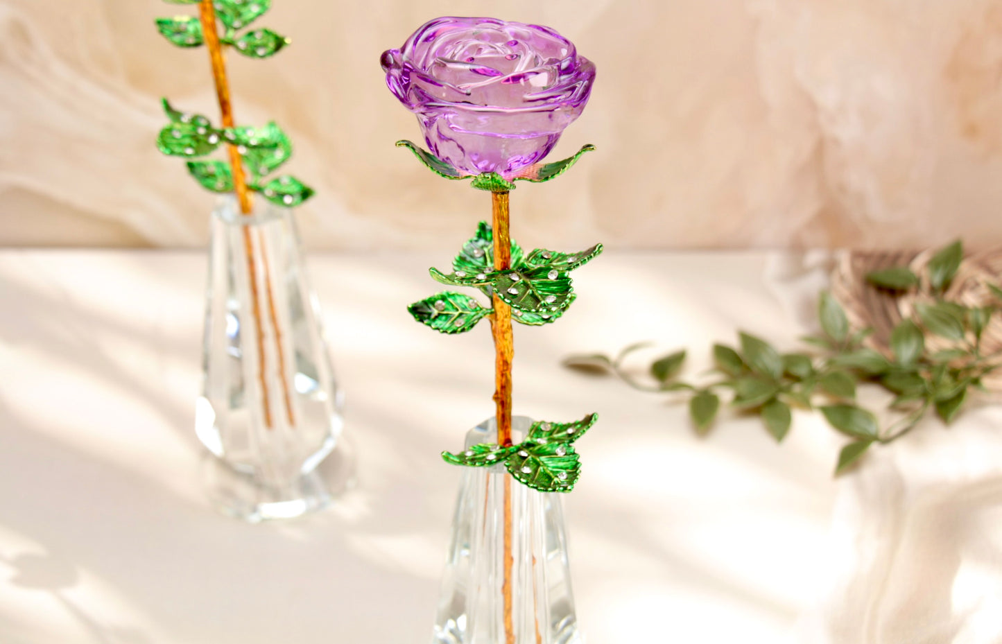 'Primrose' Crystal Rose w Vase - Purple